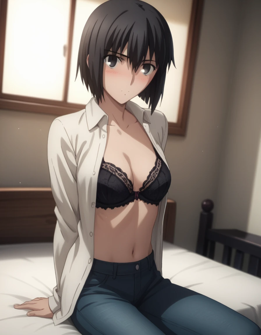 sauce_anime, ambient light,
fsn_ubw_style, 1girl ,tall girl, straight hair ,bob cut hair, black hair, deep black eyes, hair between eyes, perfect eyes , Perfect face, expressive eyes, close up face:0.2 ,  
(undress  black open shirt),(detailed lace bra), detailed denim pants, (slender body), slim body,blush,
indoors, bed, realistic bed room, sitting, Stretching upwards ,
cowboy shot, looking at viewer, solo, dutch angle,, medium breast, 