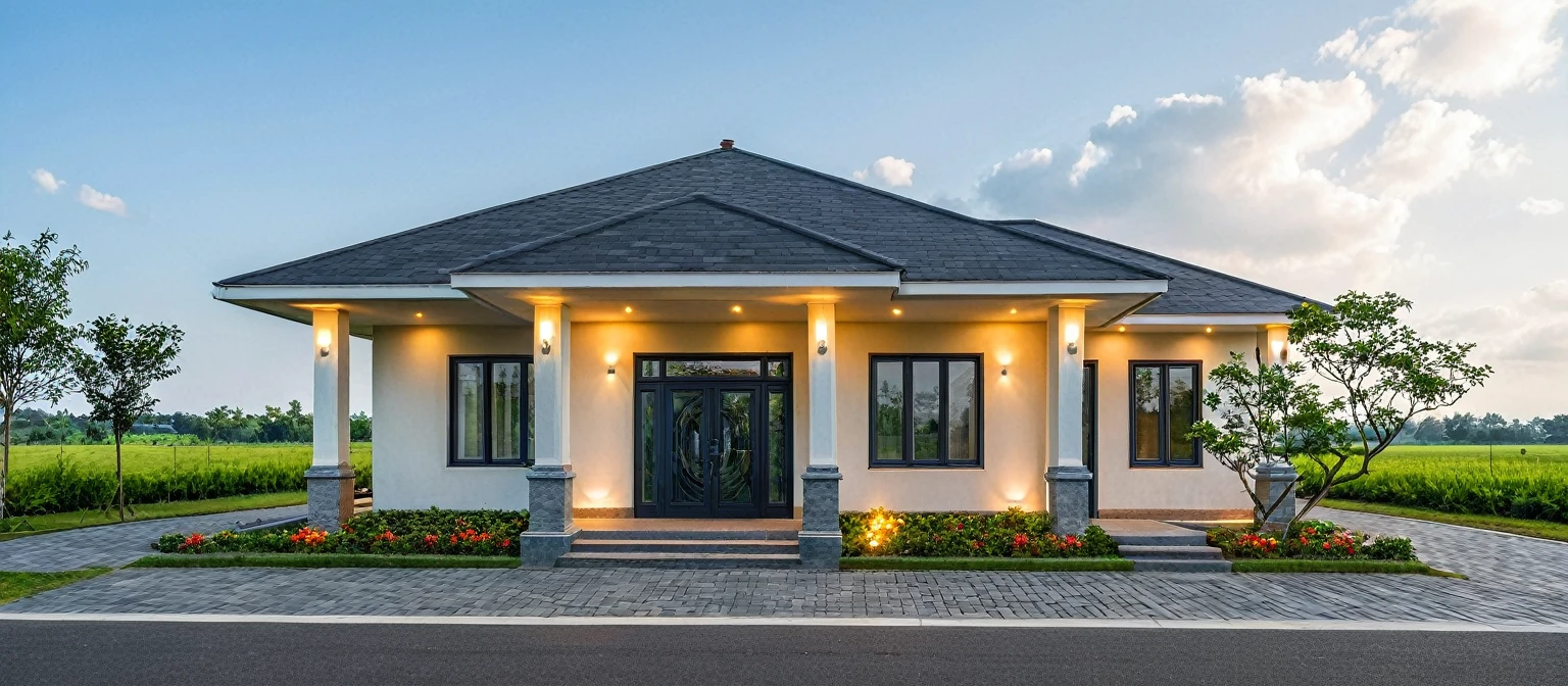 Masterpiece, high quality, best quality, authentic, realistic scene, super detail, outdoors, house on the street ,white wall, glass window, steel gate, road, pavement, grass, trees, sky, cloud, car (daylight:1.1)
