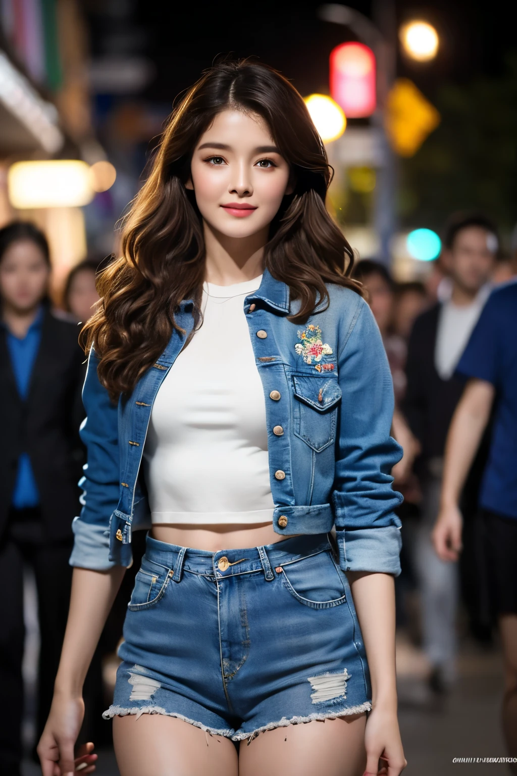 (best quality,highres,masterpiece:1.2),ultra-detailed,photorealistic:1.37,portrait,beautiful woman,curly hair,detailed eyes,detailed lips,dirty hair,vibrant colors,soft lighting,studio setting,feminine,pensive expression,graceful pose, elegant pose, dynamic pose, delicate features,subtle makeup,bokeh,shallow depth of field,subtle smile,rosy cheeks,airy feel,artistic composition, (((sfw))), crop to, leather jacket, denim shorts, laced and embroidery design, intricate fabric rendering, night time , light particles, Cinematic, Hyper-detailed, insane details, Beautifully color graded, Cinematic Lightning, Insanely detailed and intricate, Hyper maximalist, Volumetric, Full color, HDR, shallow depth of field, high budget Hollywood film, cinemascope, moody, epic, gorgeous,full body shot