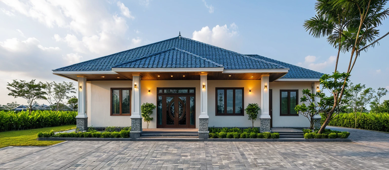 Raw photo, Masterpiece, high quality, best quality, authentic, super detail, outdoors, house style modern on the street , a traditional single-story Thai-style house, large glass window and at the first floor, blue tile roof, white wall, pavement, grass, trees, tropical plants, clear sky, cloud, (nature light), (daylight:1.2)