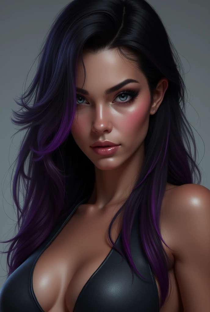 A woman, long dark brown hair with purple highlights, hazel eyes, a nose piercing, large breasts with nipple piercings, tattoos