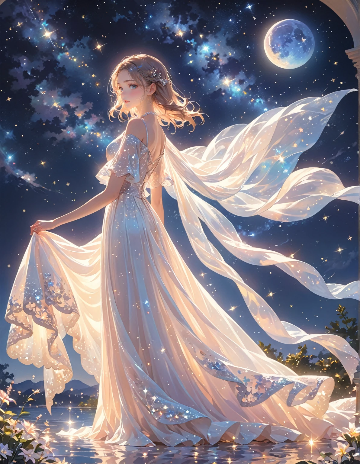 (best quality,4k,8k,highres,masterpiece:1.2),A girl standing alone under the starry night sky, with her silhouette illuminated by the soft moonlight and twinkling stars. Her face is beautifully detailed, with sparkling eyes, long and fluttering eyelashes, and exquisitely defined lips. She is dressed in an elegant gown, flowing and ethereal, embracing her figure gracefully as it glimmers with a subtle celestial glow. The intricate details of her dress catch the faint starlight, creating a mesmerizing sparkle. The surrounding landscape showcases a serene garden, lush with vibrant foliage and colorful flowers. The air is filled with a gentle breeze, causing the leaves to rustle and the flowers to sway delicately. The garden is bathed in a warm, dreamy color palette, with hues of deep blues, purples, and hints of silver. The atmosphere is calm and tranquil, evoking a sense of peace and serenity. The artwork is of the highest quality, meticulously created with ultra-detailed brushstrokes and precise attention to every element. The texture and depth of the painting are breathtaking, with a sense of realism and photorealism that captures the awe-inspiring beauty of the night sky. The lighting is soft and diffused, casting a gentle glow over the entire scene, enhancing the magical ambiance. The girl's presence radiates a sense of mystery and wonder, as if she holds a secret connected to the celestial beings above. The overall composition evokes a feeling of timelessness and captures the essence of a StarSign, an artwork that embodies the celestial beauty and inner strength of a girl in harmony with the stars. (ai-generated:.25),(dsmile:.25)