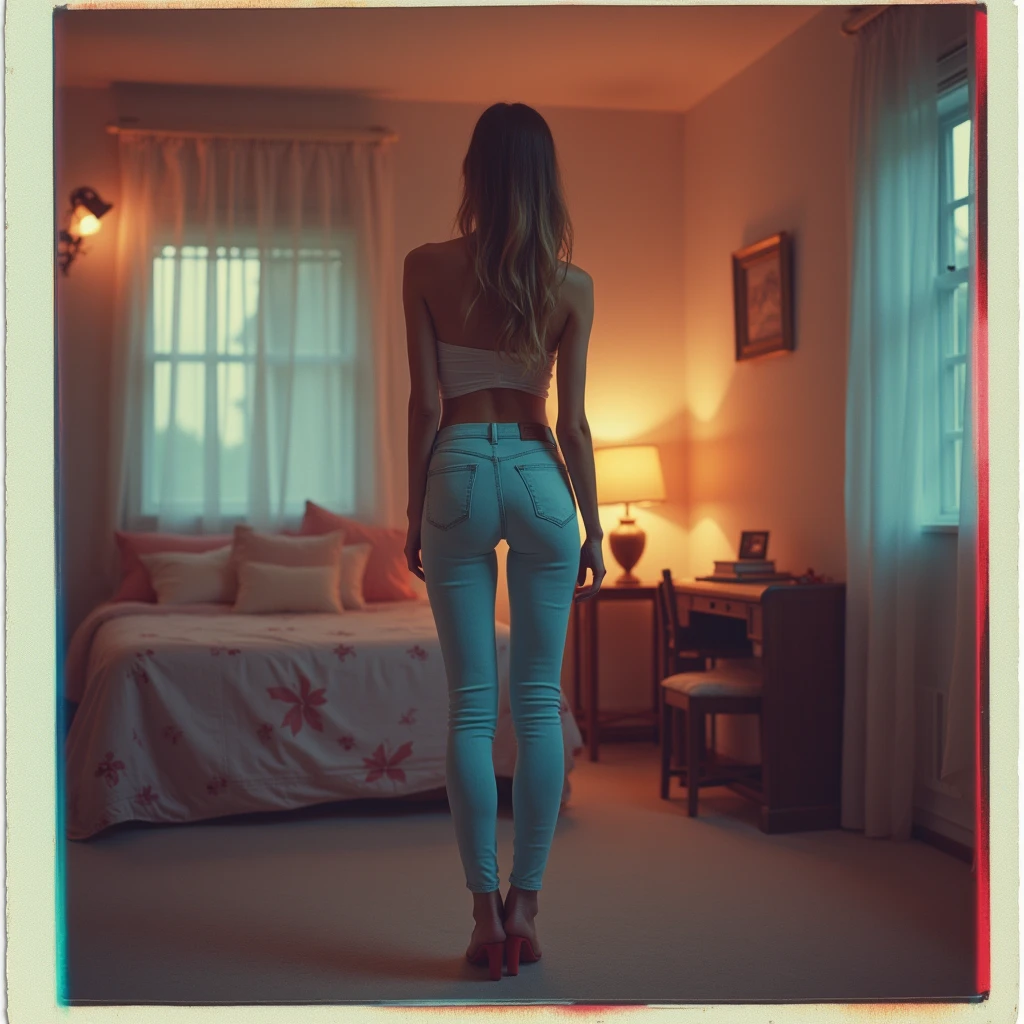 hot 18 year old girl, with pigtails, red hair, busty, nice round butt, skinny, short, light blue bra, blue jeans, in her large bedroom, sexy legs. Showing her nipples