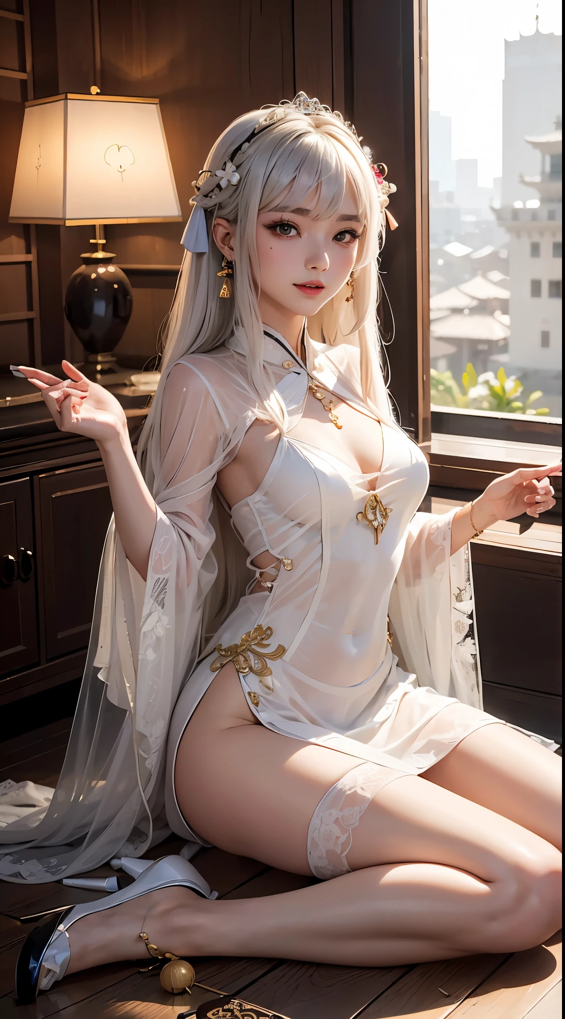 逼真的sex感Tempting中国女人，30 years old，Large, heavy breasts, (gloriously beautiful Delicate face), Peach Blossom Eyes，Smoky makeup，Dark eyeshadow，Heavy makeup，White hair，Long hair with bangs，(Delicate face), Jewelry，bracelet，Necklace，Jiulu，(luxurious的金色调蕾丝边高叉透明 ((See-through, almost transparent Hanfu))，Stiletto pointed high heels,（Bare Legs)，sex，Teasing expressions，Upskirt，Sitting (Royal throne)，sex挑逗，sex暗示，((Open your legs)), Tempting (Smile), Laugh out loud, luxurious，Chinese Courts，Chinese，Oriental style，lamp，Ultra HD，masterpiece，8K，best quality，precise，Anatomically correct，非常详细的Role，Stilettos，Bare Legs, 圆润光滑的Bare Legs，（8K，original photo，best quality，masterpiece:1.2),（Role）Concept Art），Whole body concept，Fine details，Center of screen, Hair accessories, (((Transparent dress))), Small accessories, National Foundation.