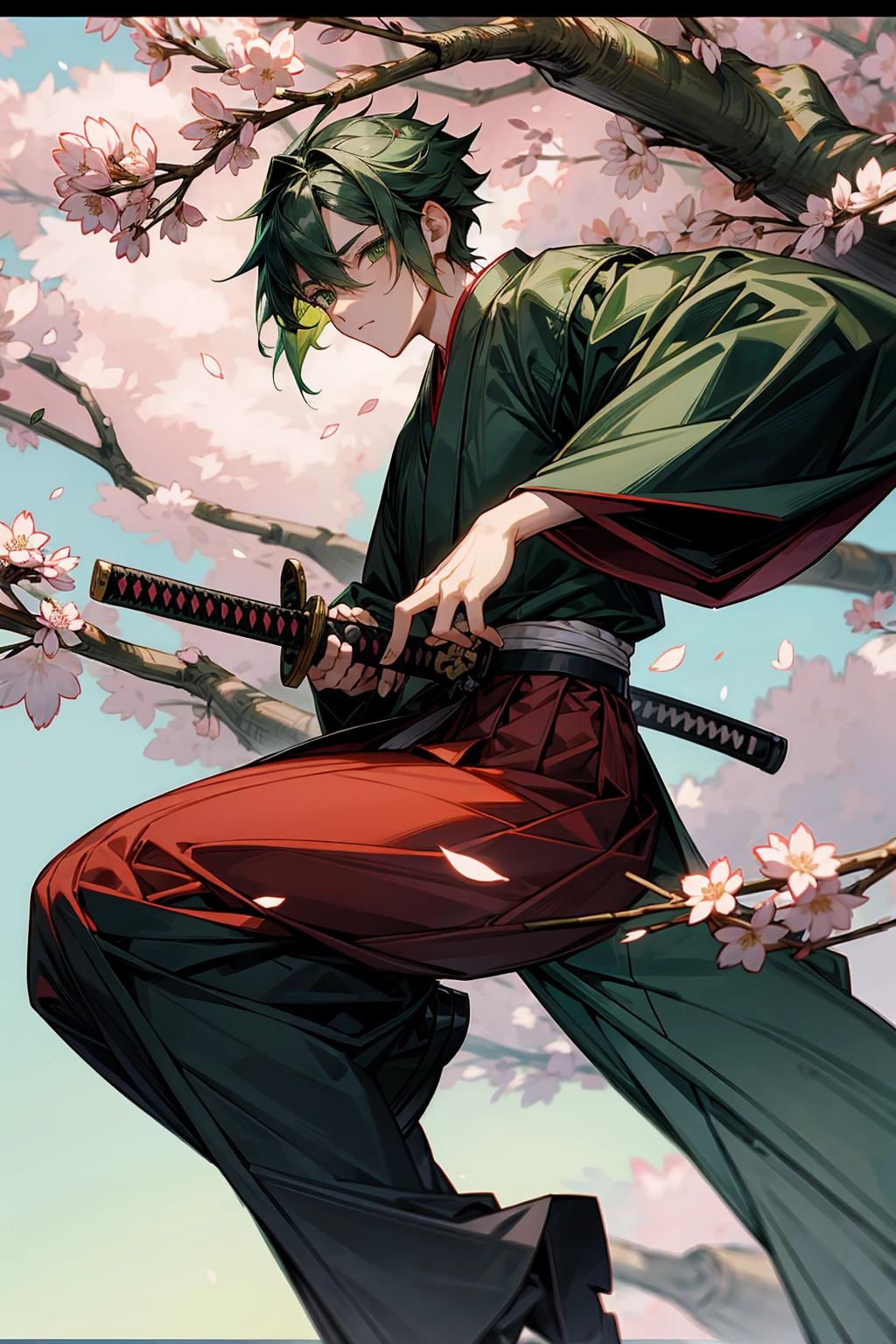 1male, Adult, Hakama, Green Hair, Short Hair, Katana, Sakura Tree's, Samurai, Japanese Setting, Green Eyes