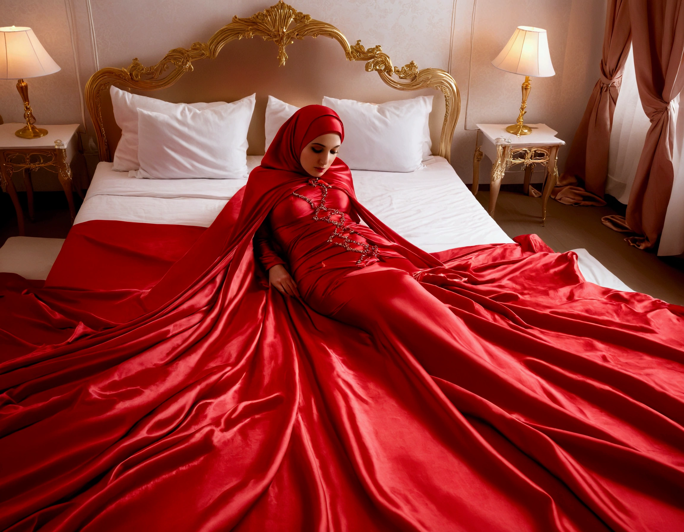 A rusian woman shrouded in a 7-meter-long, plush red satin cloth, tightly bound and grandly draping along the form of her body, flowing off into a pooled floor-length train, styled in a mermaid-inspired outfit, her head modestly veiled in a satin hijab, tall woman, in luxury bed room,satin sheet, a full-body pose conveying a sense of mysterious elegance, captured in a 4k resolution, ultra-realistic