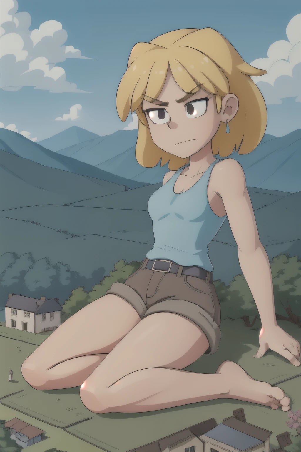 giantess looming over a single house in a field, kneeling, partially obscured, kneeling over a house in a field, one leg obscured, 1leg, tower between her legs, destroying a building, destruction, debris, crushing a building, tiny building between her legs
one house, spread legs:1.5, legs spread:1.5, giantess in a field with a house, cowgirl position:2
house obscuring view,
Forests, flowers, lakes, blue sky, white clouds, cutebuild style masterpiece, best quality, highres, lori loud, blonde hair, short hair, light blue tank top, brown shorts, slightly annoyed expression, barefoot, GTS, giantess, 1girl, solo, (Kneeling on top of a building), partially obscured, countryside, nature, rural, grass, mountains in the background, daytime, outdoors, partially obscured:3, looking down, fence in the foreground, building between legs, trees,
BREAK (16k, highres, high quality, masterpiece, ultra detailed, perfect lighting:1.1), looking down,
masterpiece, best quality, 1girl, solo,
destruction, rampage, debris, rubble,