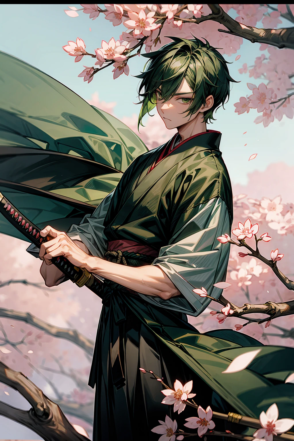 1male, Adult, Hakama, Green Hair, Short Hair, Sakura Tree's, Samurai, Japanese Setting, Green Eyes, Drawn Katana