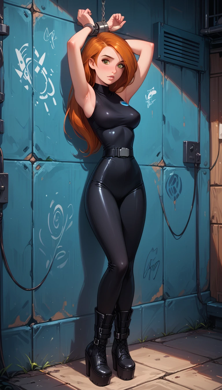 cinematic film still, solo, 1girl, BREAK kim possible, narrow waist, perky breasts, black pvc catsuit, black utility belt, sleeveless, wedge heel boots, BREAK shy, blush, on wall, hands bound, bound arms, hands behind head, arms up, (bondage, shackles), BREAK highly detailed, detailed eyes, detailed face, absurdres, 4k, masterpiece, best quality,