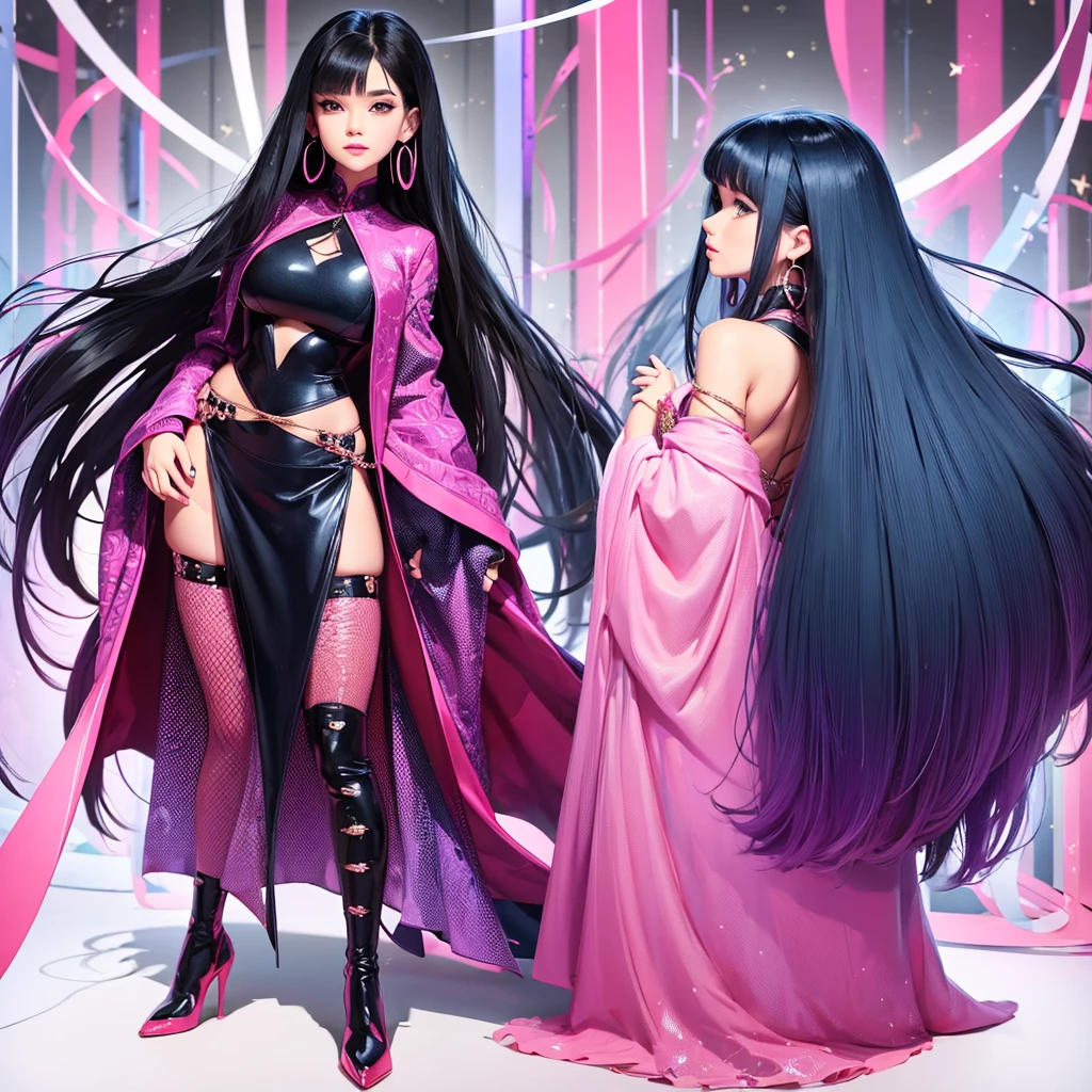 Long dark blue hair, straight hairstyle, bright pink and purple outfit with complex patterns, matching high-heeled boots, several bracelets, large earrings, confident posture, putting one hand on her hips, looking forward, smooth skin, lively character, good even lighting, bold and dynamic atmosphere. Body shape: hourglass (90-60-90), bedroom, full-length