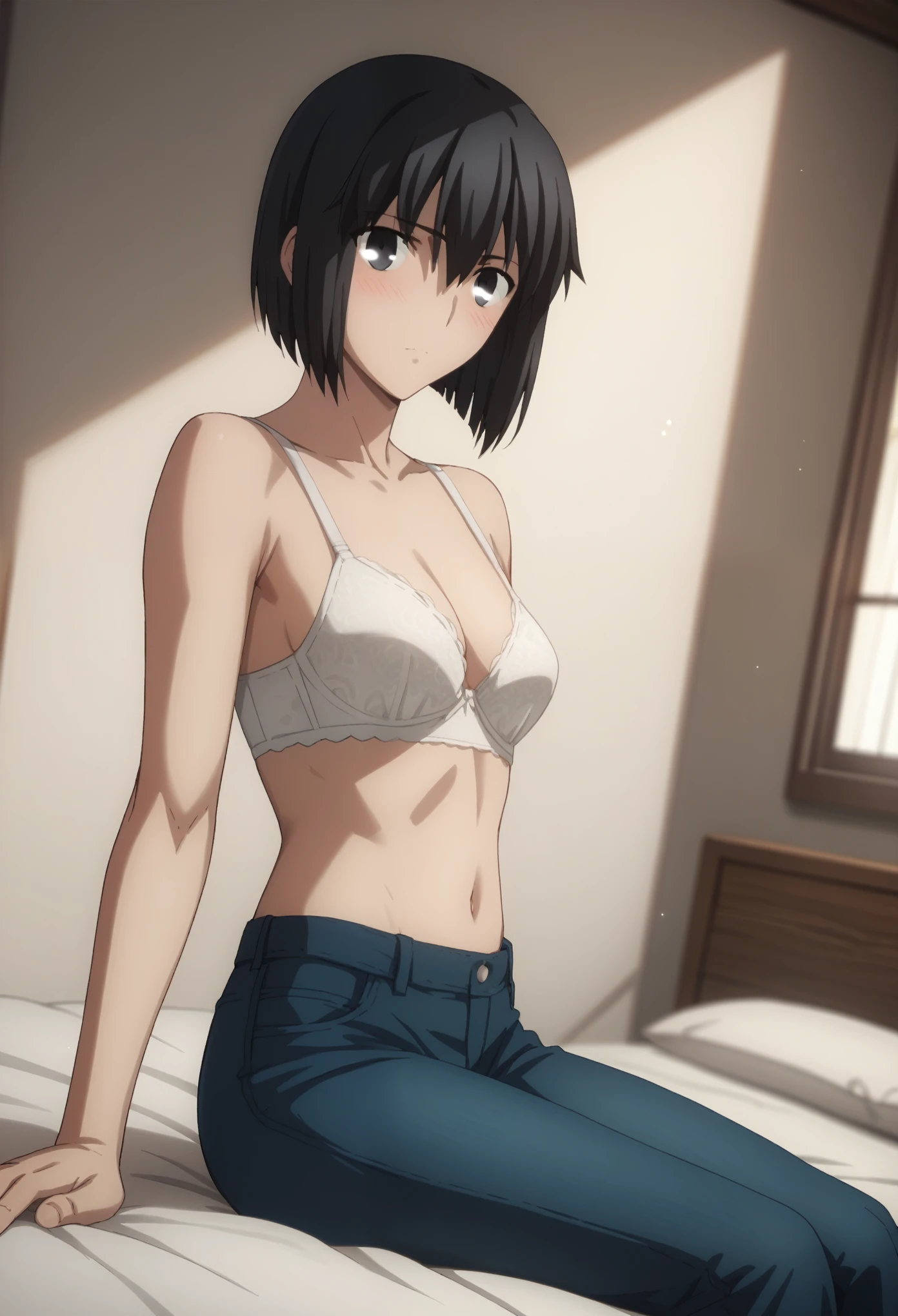 score_9, score_8_up, score_7_up, source_anime,
yukariyukino, yukari yukino, short hair, black hair, detailed blue eyes, hair between eyes,(( perfect eyes )), Perfect face, expressive eyes,
(show off breast), ((undress clothes)), detailed nipples, detailed navel, white lace panties,
indoors, bed, realistic bed room,, (missionary position), virginal sex ,  blush, 
cowboy shot, looking at viewer, solo, dutch angle,