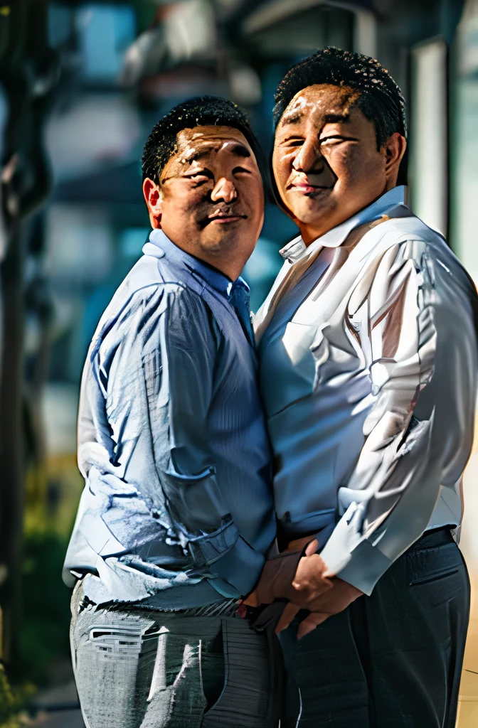 Realistic、Two fat middle-aged Japanese men、Wearing a suit、Sunburned skin、Public toilets、The two are hugging and kissing、erotic、sexly、Take off your slacks、Underwear is visible、Both are erect、Holding the penis with one hand、The figure on the left has an erect penis sticking out from the zipper of his trousers.、The figure on the right is holding the penis of the figure on the left in his mouth、