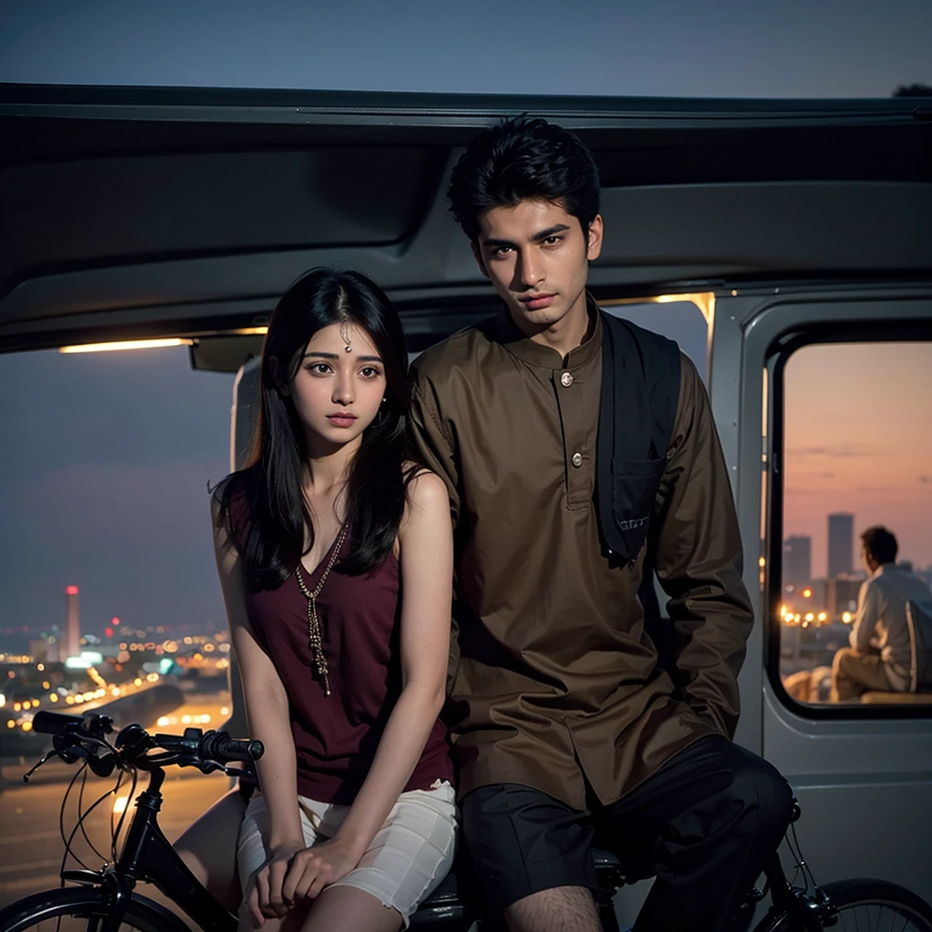  The couple is riding on a bike in the evening, with Giresh driving and Subha sitting behind him, both dressed in casual Indian attire. The setting shows them approaching an air view spot near the airport, with distant lights from the runway visible in the background. The atmosphere is serene yet slightly dark.