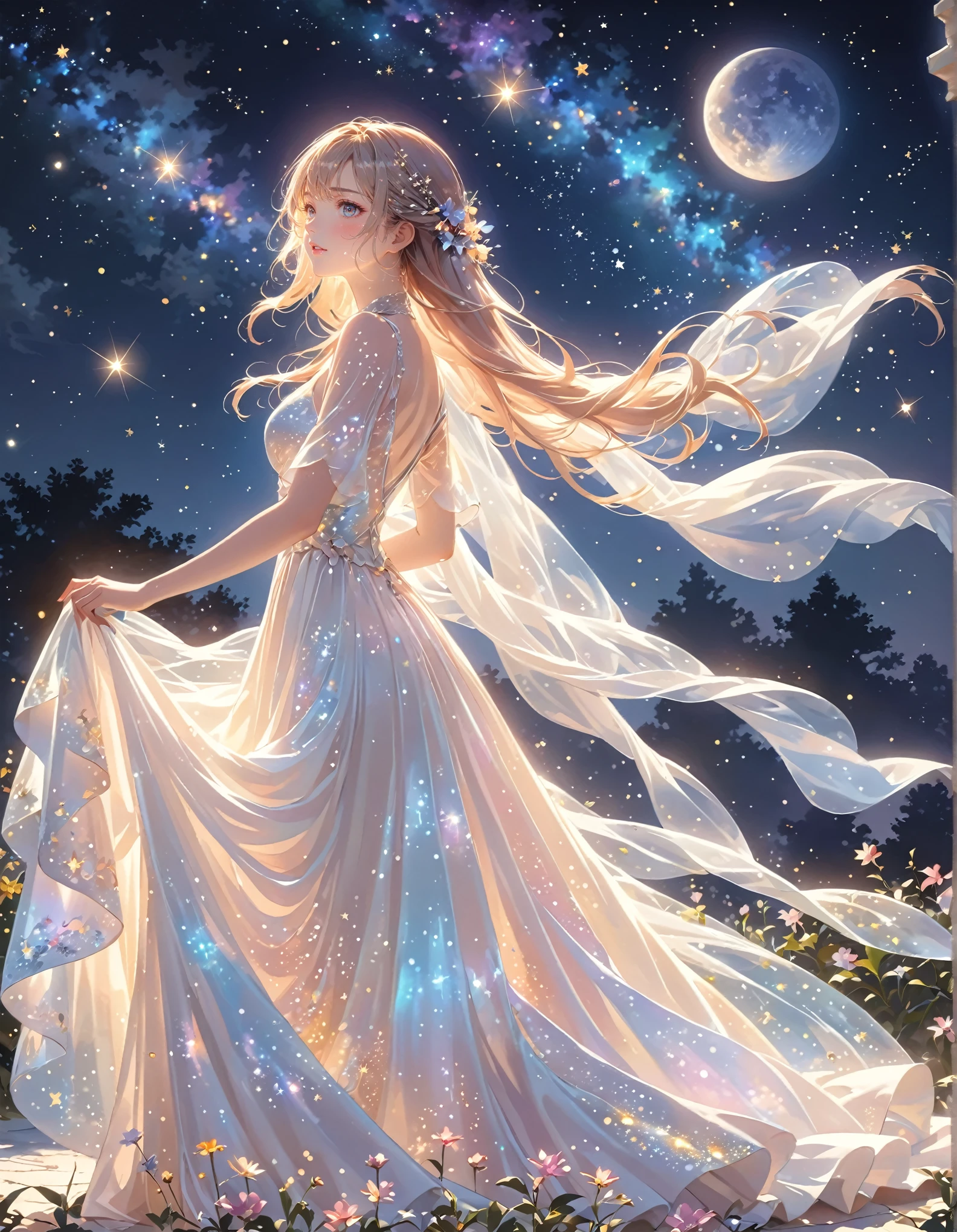 (best quality,4k,8k,highres,masterpiece:1.2),A girl standing alone under the starry night sky, with her silhouette illuminated by the soft moonlight and twinkling stars. Her face is beautifully detailed, with sparkling eyes, long and fluttering eyelashes, and exquisitely defined lips. She is dressed in an elegant gown, flowing and ethereal, embracing her figure gracefully as it glimmers with a subtle celestial glow. The intricate details of her dress catch the faint starlight, creating a mesmerizing sparkle. The surrounding landscape showcases a serene garden, lush with vibrant foliage and colorful flowers. The air is filled with a gentle breeze, causing the leaves to rustle and the flowers to sway delicately. The garden is bathed in a warm, dreamy color palette, with hues of deep blues, purples, and hints of silver. The atmosphere is calm and tranquil, evoking a sense of peace and serenity. The artwork is of the highest quality, meticulously created with ultra-detailed brushstrokes and precise attention to every element. The texture and depth of the painting are breathtaking, with a sense of realism and photorealism that captures the awe-inspiring beauty of the night sky. The lighting is soft and diffused, casting a gentle glow over the entire scene, enhancing the magical ambiance. The girl's presence radiates a sense of mystery and wonder, as if she holds a secret connected to the celestial beings above. The overall composition evokes a feeling of timelessness and captures the essence of a StarSign, an artwork that embodies the celestial beauty and inner strength of a girl in harmony with the stars. (ai-generated:.25),(dsmile:.25)