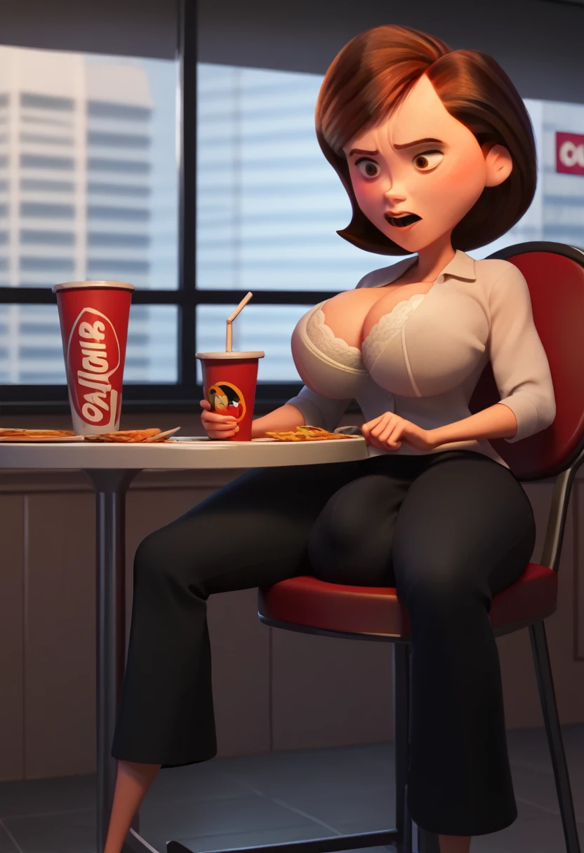 Helen Parr,:1.1,3d:3.0, 1 futa, futanari,huge breasts, super hyper giant pau futanari,super hyper giant huge cock Futanati, super hyper giant long cock ,bulge erect:3.1, bulge erection:3.1,bulge masturbation pants:3.1,white shirt,black pants, restaurants,white bra,prato de comida na tabletop, tabletop, public ,sitting down on chair, shame expression,legs spread open, window, Lighting, ombre 