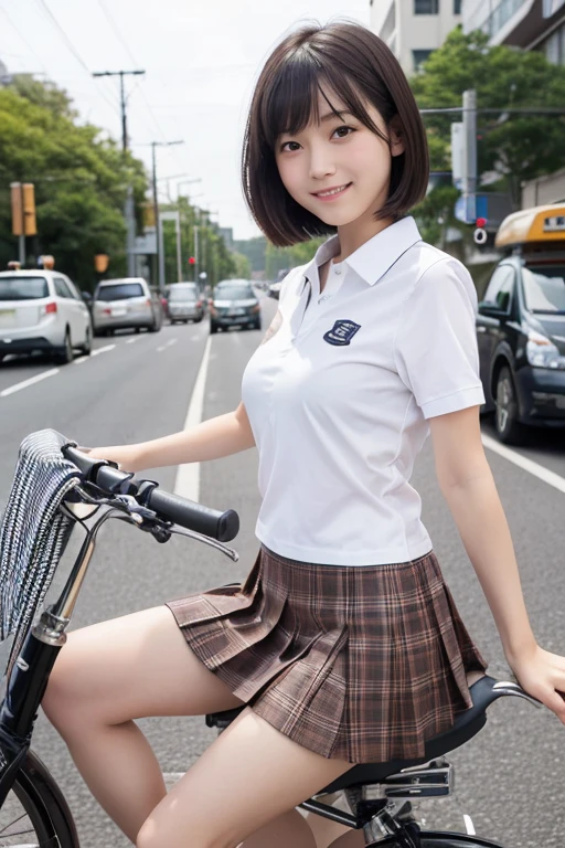 (Sitting astride a bicycle、Japanese high school girl waiting at a traffic light)、Short sleeve white shirt、Take the wheel、Her bra is visible through the cuffs of her short sleeves、Very short checkered pleated skirt、Dark brown bob hair、Medium Hair、Straight hair、smile、Stretching one&#39;s feet on the curb、Her long, Beautiful slender legs、Well-proportioned physique,、Wear loafers、A gentle breeze blows and flips my skirt、((I see your cotton panties.))、Rear view at the intersection、(((Angle from below)))、Beautiful blue sky and white clouds、(Highest quality, masterpiece, High resolution)、8k、wallpaper、Her short skirt is rolled up, Panties exposed