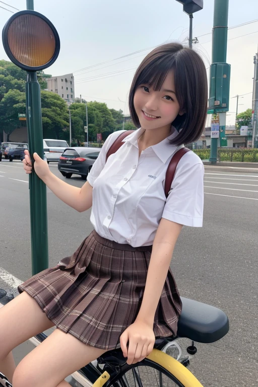 (Sitting astride a bicycle、Japanese high school girl waiting at a traffic light)、Short sleeve white shirt、Take the wheel、Her bra is visible through the cuffs of her short sleeves、Very short checkered pleated skirt、Dark brown bob hair、Medium Hair、Straight hair、smile、Stretching one&#39;s feet on the curb、Her long, Beautiful slender legs、Well-proportioned physique,、Wear loafers、A gentle breeze blows and flips my skirt、((I see your cotton panties.))、Rear view at the intersection、(((Angle from below)))、Beautiful blue sky and white clouds、(Highest quality, masterpiece, High resolution)、8k、wallpaper、Her short skirt is rolled up, Panties exposed