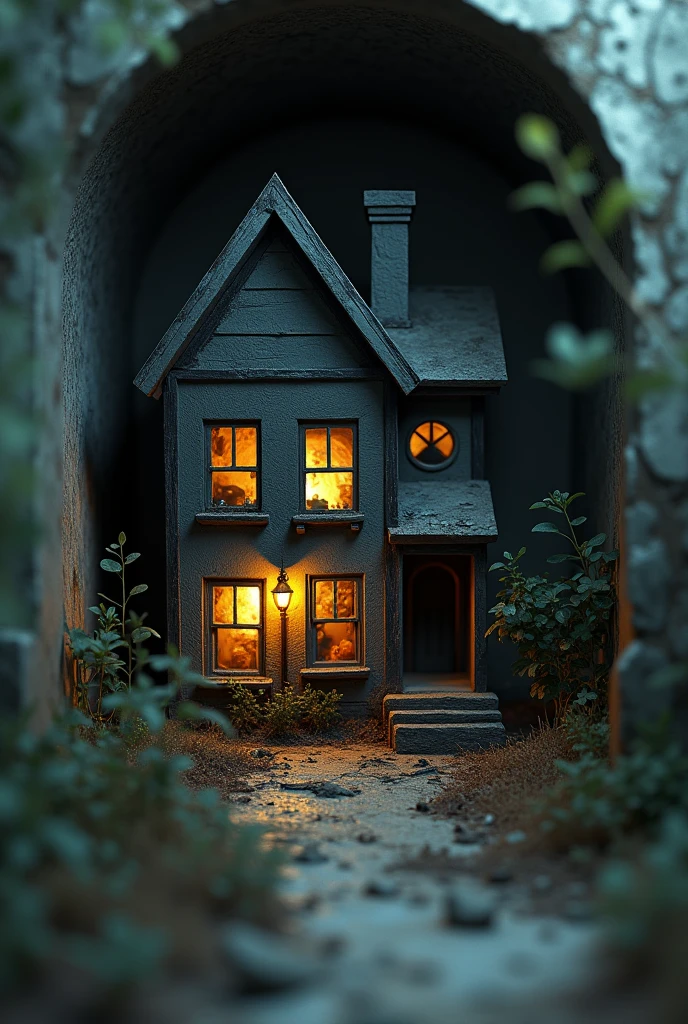 A micro-miniature eerie, playhouse inside of another house with another micro house inside of it in 4D detailed, and hyper-realistic scene, a very detailed child miniature scene, a disturbing atmosphere, dramatic lighting, a moody and eerie color palette, a dark dimly lit abandoned house, horror elements, a cinematic composition, a photorealistic masterpiece, illusionary 3D Effect, Twisted Mindset, Blackness, Dark, Dusty, 