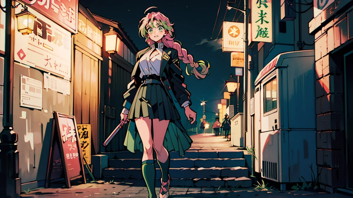 A black skirt with a silver belt and green striped hips, Bright pink hair (Green tip), Rose Hair (Dark Pink), Green bristles, Gradient Hair, Multi-coloured hair, Long Hair, Quif, Twin Blade, Braid、Green Eyes, Demon Slayer uniform, Long sleeve jacket, white haori, Black Skirt, Silver Belt,Highest quality, 8k, 1990s style, City Pop, pants ,Night view, Retro, whole body, coffee,look at me、80&#39;S、comics、balcony、Night view、girl、Mug、cocoa、cute、Tokyo、80&#39;Sアニメーション、neon、Balcony、cyber punk、Starry Sky