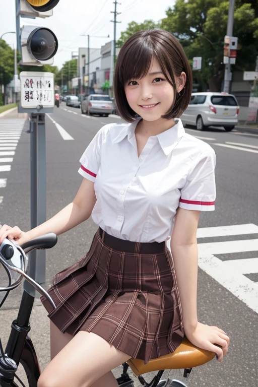 (Sitting astride a bicycle、Japanese high school girl waiting at a traffic light)、Short sleeve white shirt、Take the wheel、Her bra is visible through the cuffs of her short sleeves、Very short checkered pleated skirt、Dark brown bob hair、Medium Hair、Straight hair、smile、Stretching one&#39;s feet on the curb、Her long, Beautiful slender legs、Well-proportioned physique,、Wear loafers、A gentle breeze blows and flips my skirt、((I see your cotton panties.))、Rear view at the intersection、(((Angle from below)))、Beautiful blue sky and white clouds、(Highest quality, masterpiece, High resolution)、8k、wallpaper、Her short skirt is rolled up, Panties exposed