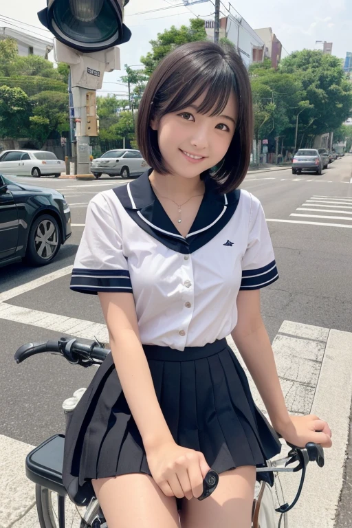 (Sitting astride a bicycle、Japanese high school girl waiting at a traffic light)、Short sleeve white shirt、Take the wheel、Her bra is visible through the cuffs of her short sleeves、Very short checkered pleated skirt、Dark brown bob hair、Medium Hair、Straight hair、smile、Stretching one&#39;s feet on the curb、Her long, Beautiful slender legs、Well-proportioned physique,、Wear loafers、A gentle breeze blows and flips my skirt、((I see your cotton panties.))、Rear view at the intersection、(((Angle from below)))、Beautiful blue sky and white clouds、(Highest quality, masterpiece, High resolution)、8k、wallpaper、Her short skirt is rolled up, Panties exposed