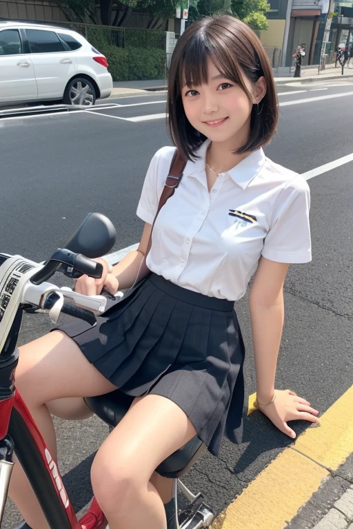 (Sitting astride a bicycle、Japanese high school girl waiting at a traffic light)、Short sleeve white shirt、Take the wheel、Her bra is visible through the cuffs of her short sleeves、Very short checkered pleated skirt、Dark brown bob hair、Medium Hair、Straight hair、smile、Stretching one&#39;s feet on the curb、Her long, Beautiful slender legs、Well-proportioned physique,、Wear loafers、A gentle breeze blows and flips my skirt、((I see your cotton panties.))、Rear view at the intersection、(((Angle from below)))、Beautiful blue sky and white clouds、(Highest quality, masterpiece, High resolution)、8k、wallpaper、Her short skirt is rolled up, Panties exposed