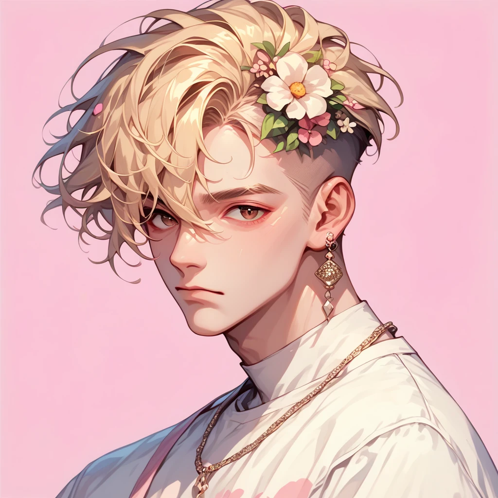 pastel style, 1boy, brown eyes, flower, male focus, pink background, jewelry, earrings, looking at viewer, hair flower, hair ornament, hair undercut, simple background, white shirt, upper body, solo, short hair, shirt, closed mouth, long sleeves, necklace, hair between eyes, soft color, soft hues, chalk, pigment, pastel color, pastel pencil technique, soft color tones, pastel painting, pastel (medium), blonde hair