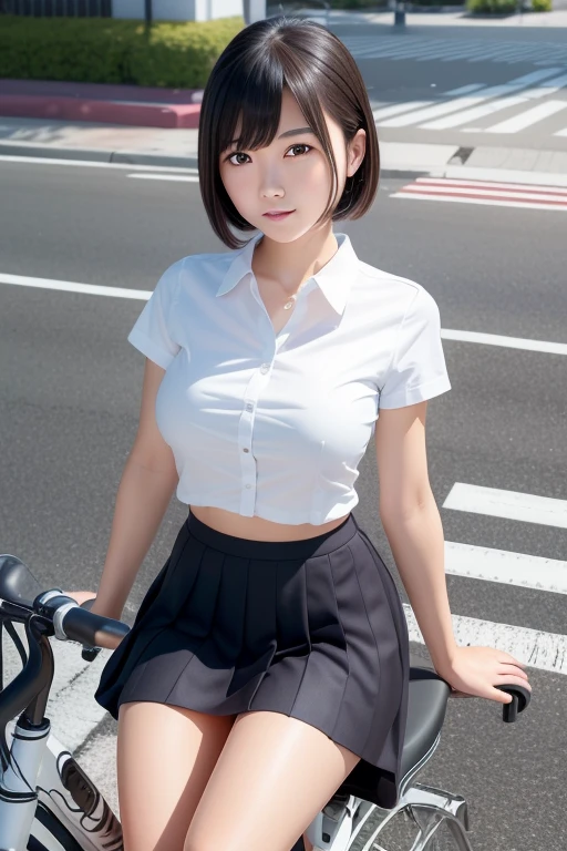 (Sitting astride a bicycle、Japanese high school girl waiting at a traffic light)、Short sleeve white shirt、Take the wheel、Her bra is visible through the cuffs of her short sleeves、Very short checkered pleated skirt、Dark brown bob hair、Medium Hair、Straight hair、smile、Stretching one&#39;s feet on the curb、Her long, Beautiful slender legs、Well-proportioned physique,、Wear loafers、A gentle breeze blows and flips my skirt、((I see your cotton panties.))、Rear view at the intersection、(((Angle from below)))、Beautiful blue sky and white clouds、(Highest quality, masterpiece, High resolution)、8k、wallpaper、Her short skirt is rolled up, Panties exposed