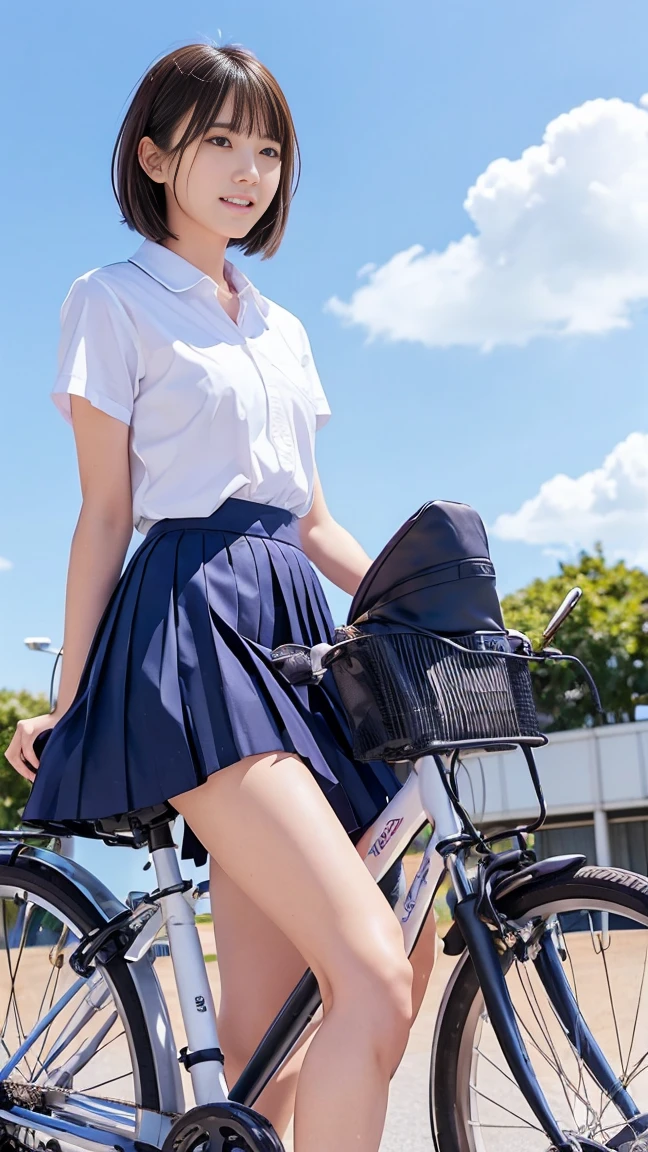 (Sitting astride a bicycle seat、Japanese female high school students waiting at the traffic light)、Short-sleeved white shirt、Hold the steering wheel with both hands、Her short sleeves were exposed、Super short plaid pleated skirt、Dark Brown Bob Hairstyle、Medium Length Hair、Straight Hair、Smile、Stretch your legs on the roadside、She is long, Long legs are so beautiful、Well-proportioned body,、Wear loafers、A gentle breeze blows，The skirt turned up、((I can see your cotton panties.))、Rear view of the intersection、(((From the angle from below)))、Beautiful blue sky and white clouds、(best quality, masterpiece, high resolution)、8K、wallpaper、She rolled up her skirt, Reveal her