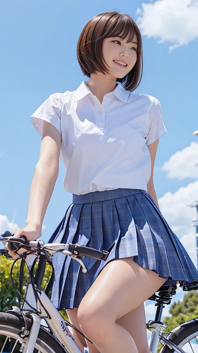 (Sitting astride a bicycle seat、Japanese female high school students waiting at the traffic light)、Short-sleeved white shirt、Hold the steering wheel with both hands、Her short sleeves were exposed、Super short plaid pleated skirt、Dark Brown Bob Hairstyle、Medium Length Hair、Straight Hair、Smile、Stretch your legs on the roadside、She is long, Long legs are so beautiful、Well-proportioned body,、Wear loafers、A gentle breeze blows，The skirt turned up、((I can see your cotton panties.))、Rear view of the intersection、(((From the angle from below)))、Beautiful blue sky and white clouds、(best quality, masterpiece, high resolution)、8K、wallpaper、She rolled up her skirt, Reveal her