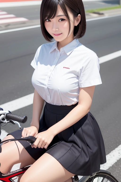 (Sitting astride a bicycle、Japanese high school girl waiting at a traffic light)、Short sleeve white shirt、Take the wheel、Her bra is visible through the cuffs of her short sleeves、Very short checkered pleated skirt、Dark brown bob hair、Medium Hair、Straight hair、smile、Stretching one&#39;s feet on the curb、Her long, Beautiful slender legs、Well-proportioned physique,、Wear loafers、A gentle breeze blows and flips my skirt、((I see your cotton panties.))、Rear view at the intersection、(((Angle from below)))、Beautiful blue sky and white clouds、(Highest quality, masterpiece, High resolution)、8k、wallpaper、Her short skirt is rolled up, Panties exposed