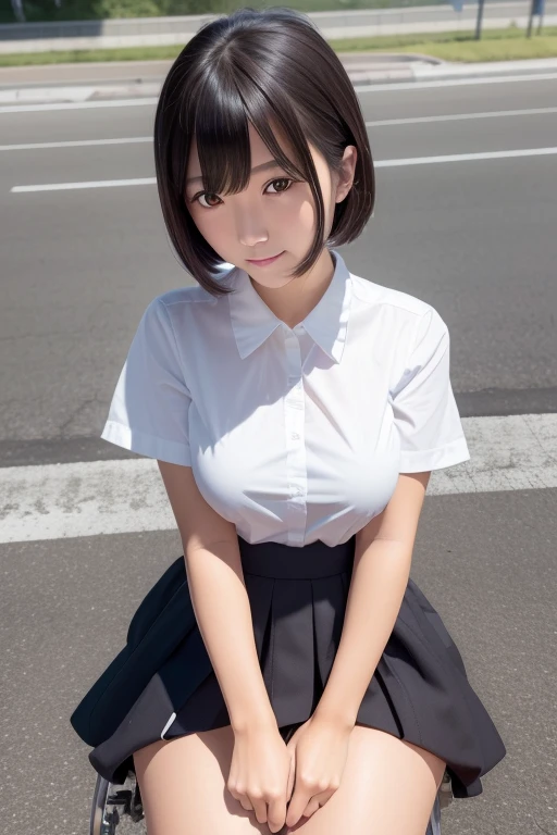 (Sitting astride a bicycle、Japanese high school girl waiting at a traffic light)、Short sleeve white shirt、Take the wheel、Her bra is visible through the cuffs of her short sleeves、Very short checkered pleated skirt、Dark brown bob hair、Medium Hair、Straight hair、smile、Stretching one&#39;s feet on the curb、Her long, Beautiful slender legs、Well-proportioned physique,、Wear loafers、A gentle breeze blows and flips my skirt、((I see your cotton panties.))、Rear view at the intersection、(((Angle from below)))、Beautiful blue sky and white clouds、(Highest quality, masterpiece, High resolution)、8k、wallpaper、Her short skirt is rolled up, Panties exposed