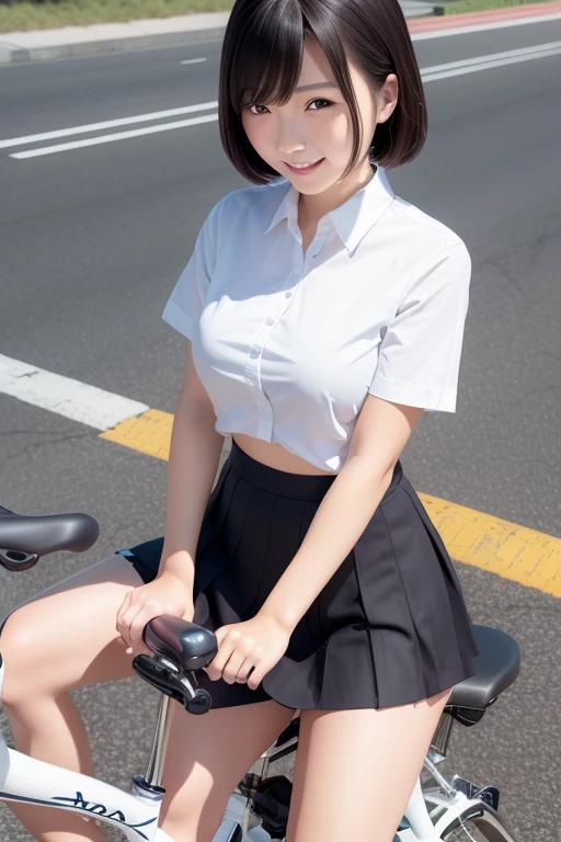 (Sitting astride a bicycle、Japanese high school girl waiting at a traffic light)、Short sleeve white shirt、Take the wheel、Her bra is visible through the cuffs of her short sleeves、Very short checkered pleated skirt、Dark brown bob hair、Medium Hair、Straight hair、smile、Stretching one&#39;s feet on the curb、Her long, Beautiful slender legs、Well-proportioned physique,、Wear loafers、A gentle breeze blows and flips my skirt、((I see your cotton panties.))、Rear view at the intersection、(((Angle from below)))、Beautiful blue sky and white clouds、(Highest quality, masterpiece, High resolution)、8k、wallpaper、Her short skirt is rolled up, Panties exposed