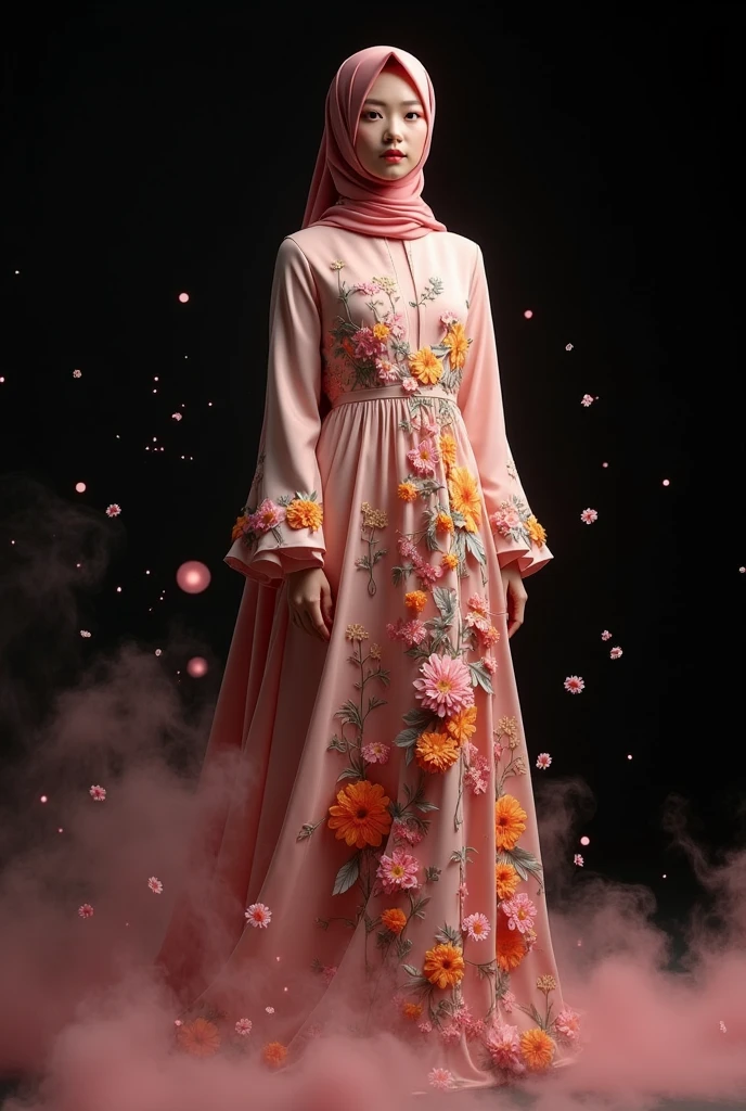 happy summer moslem fashion design by vera wang with colourful flowers in soft pastel pink colours and floral, wore by japanese female model, long flowy hijab, seen walking on catwalk, her hand on hip, black void background, soft silver particles, smokes and nice lighting, UHD, HDR, 8k, Masterpiece, realistic, hyper realistic. catwalk, facing straight to camera. hand on hip, full body