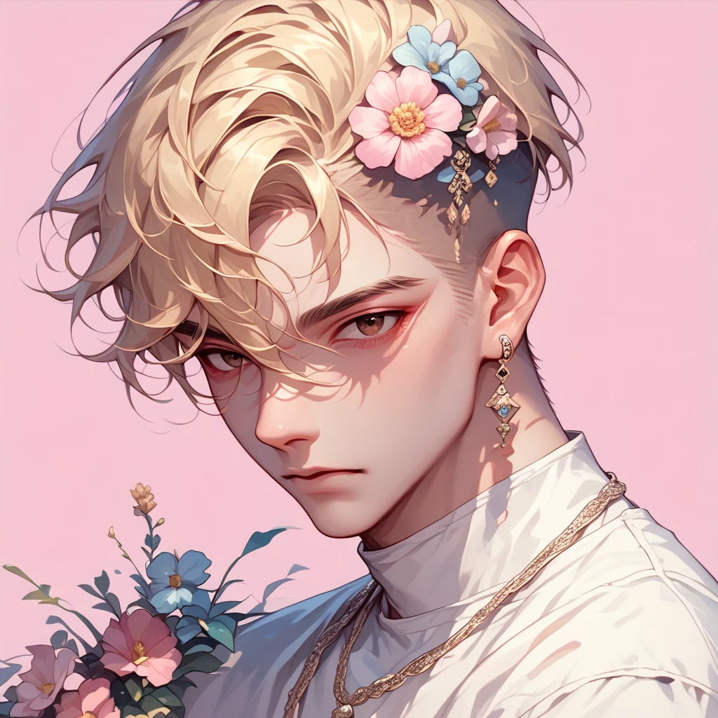 pastel style, 1boy, brown eyes, flower, male focus, pink background, jewelry, earrings, looking at viewer, hair flower, hair ornament, hair undercut, simple background, white shirt, upper body, solo, short hair, shirt, closed mouth, long sleeves, necklace, hair between eyes, soft color, soft hues, chalk, pigment, pastel color, pastel pencil technique, soft color tones, pastel painting, pastel (medium), blonde hair