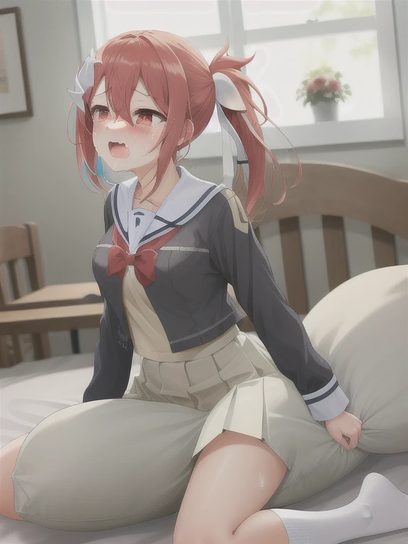 {masterpiece, best quality, perfect anatomy, detailed,{simple background, colorful kaleidoscopic colors}},{1girl,hair ornament, hair between eyes, red hair, red eyes, side ponytail, hair ribbon, small breasts, School uniform, skirt, clothes}, {Pillow Sex}, {{orgasm face}}