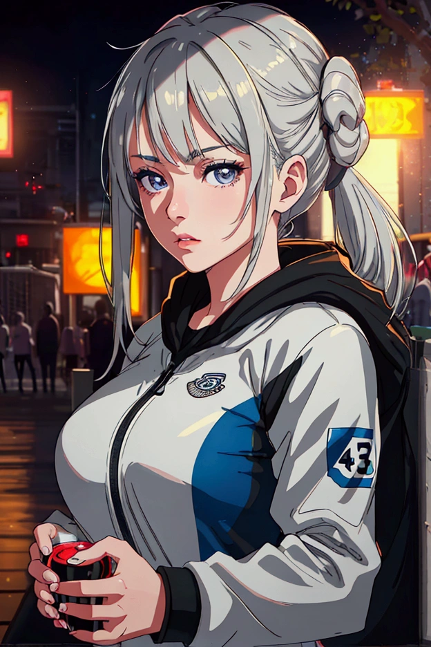 a grey haired girl, poker face, holding a volleyball, looking to the side, 1girl, detailed face, detailed eyes, detailed lips, detailed nose, detailed facial features, , photorealistic,  best quality,4k,8k,highres,masterpiece:1.2,ultra-detailed lighting,studio lighting,highly detailed,extremely detailed,hyper ,ultra-fine details,physically-based rendering,vibrant colors,cinematic lighting,dramatic lighting,volumetric lighting,depth of field,bokeh (anime'")