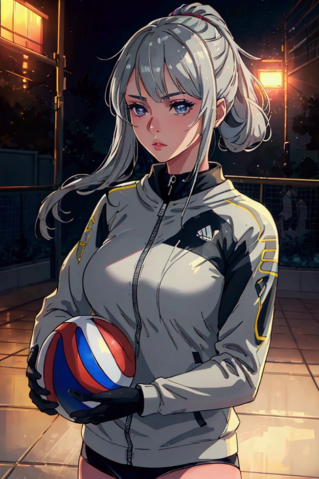 a grey haired girl, poker face, holding a volleyball, looking to the side, 1girl, detailed face, detailed eyes, detailed lips, detailed nose, detailed facial features, , photorealistic,  best quality,4k,8k,highres,masterpiece:1.2,ultra-detailed lighting,studio lighting,highly detailed,extremely detailed,hyper ,ultra-fine details,physically-based rendering,vibrant colors,cinematic lighting,dramatic lighting,volumetric lighting,depth of field,bokeh (anime'")