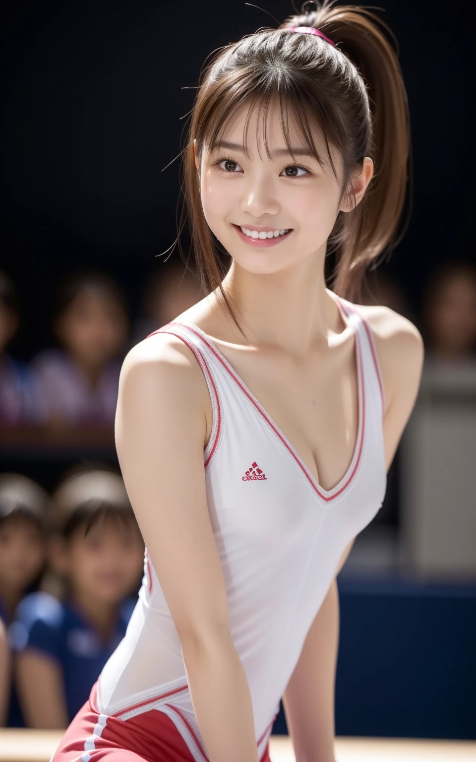 （8k、live-action、Raw photo、Highest quality、masterpiece：1.2),(Inside the gym,Front lighting:1.2),((Perfect lighting)),(スポーティなhair型), Watching the audience,Standing pose, smile,1,student,White skin,knees,Small Face,前hairを真ん中から分けます、The forehead is visible,skinny,skinny)、masterpiece,Highest quality、超A high resolution,One person, solo,Close-up shot、cute、Back to Students,(Gymnastics Costumes:1.3),High school student,Japanese women,（フォトReal：1.37）、Photon Mapping,Realistic、cuteSmall Face,Brown eyes、prospect、Depth of written boundary、Blurred Background、Real,(前hairが見える), hair,(Nogizaka Idol), actress、Big and ample breasts、Cleavage、I can see your shoulders,You can see the flanks,Super fine、7 heads、(Skin with visible pores:1.2)、(Focus on the face)、Natural neck、Check and correct the skeleton