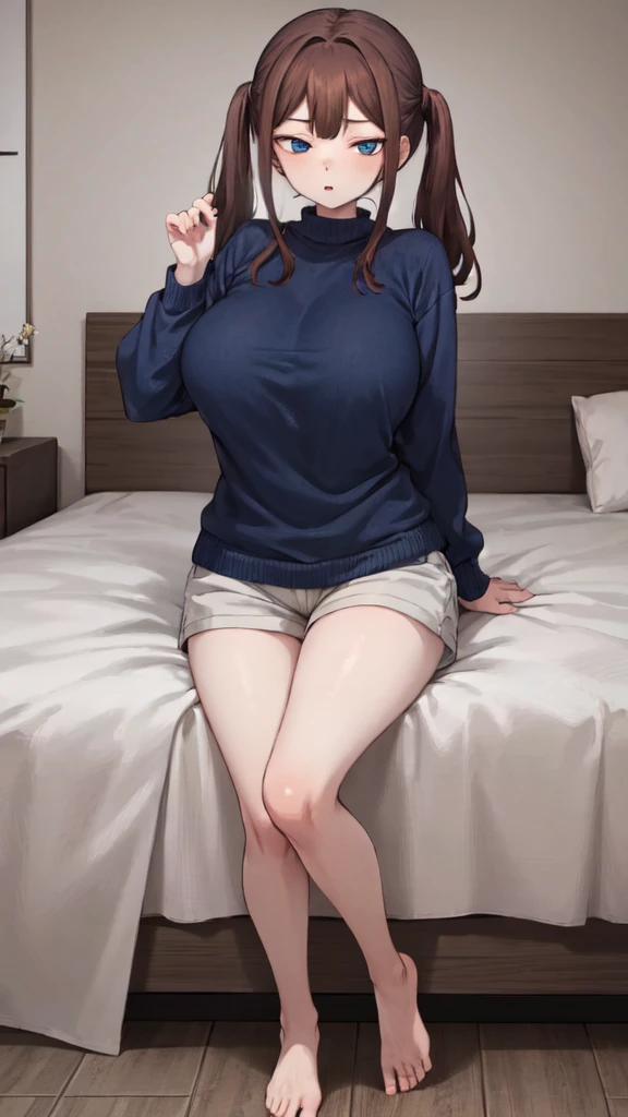 illustration, Cartoon, calming tones, calm colors, masterpiece, Best Quality, absurdities, High resolution, standing, looking at the viewer, 1 girl, young woman, breasts medianos, thighs, tsubame ntr, by the wide, blue eyes, Brown hair, two tails,
Sitting on the bed, interior, dark blue sweater, large eyes, shorts, breasts