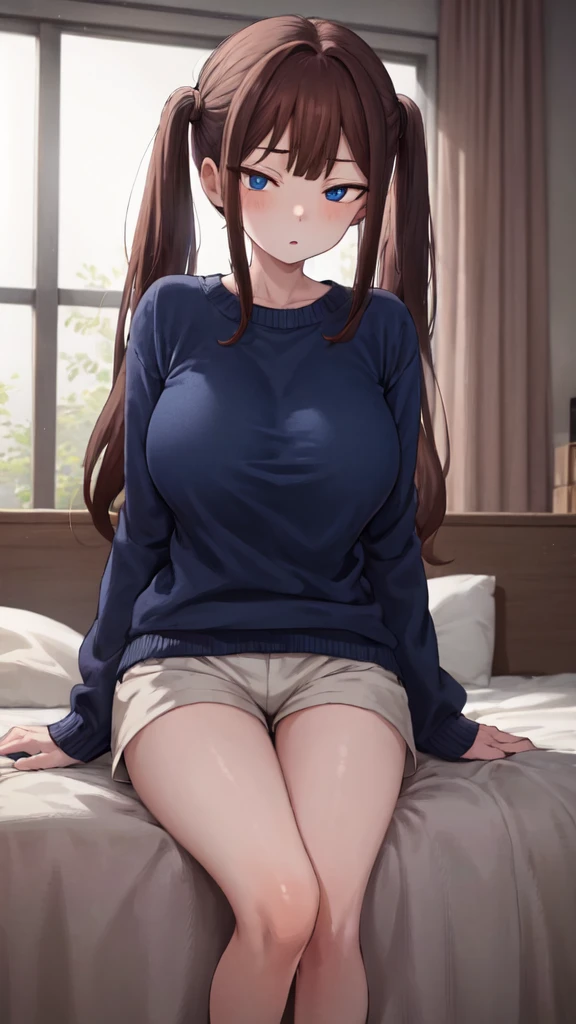 illustration, Cartoon, calming tones, calm colors, masterpiece, Best Quality, absurdities, High resolution, standing, looking at the viewer, 1 girl, young woman, breasts medianos, thighs, tsubame ntr, by the wide, blue eyes, Brown hair, two tails,
Sitting on the bed, interior, dark blue sweater, large eyes, shorts, breasts