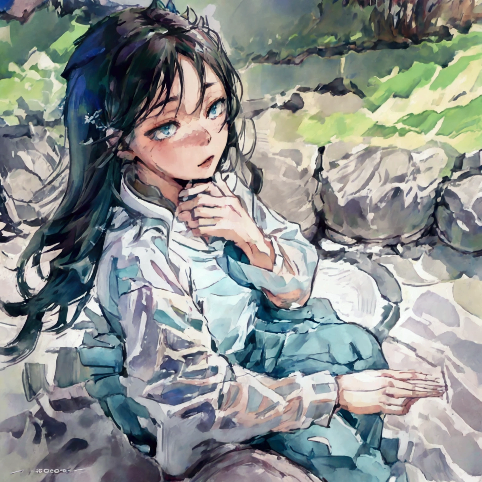 a beautiful girl with mid-length black hair, grey-green eyes, wearing a light blue t-shirt and checkered blue pants, lying on a bed in a room, lost in thought, anime style, (best quality,4k,8k,highres,masterpiece:1.2),ultra-detailed,(,photorealistic,photo-realistic:1.37),beautiful detailed eyes,beautiful detailed lips,extremely detailed eyes and face,longeyelashes,soft lighting,pastel colors (iwaizumi)