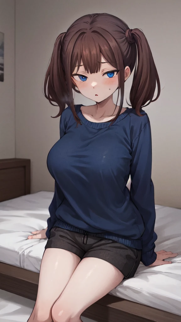 illustration, Cartoon, calming tones, calm colors, masterpiece, Best Quality, absurdities, High resolution, standing, looking at the viewer, 1 girl, young woman, breasts medianos, thighs, tsubame ntr, by the wide, blue eyes, Brown hair, two tails,
Sitting on the bed, interior, dark blue sweater, white logo on the sweater, large eyes, shorts, breasts, hidden hands, 