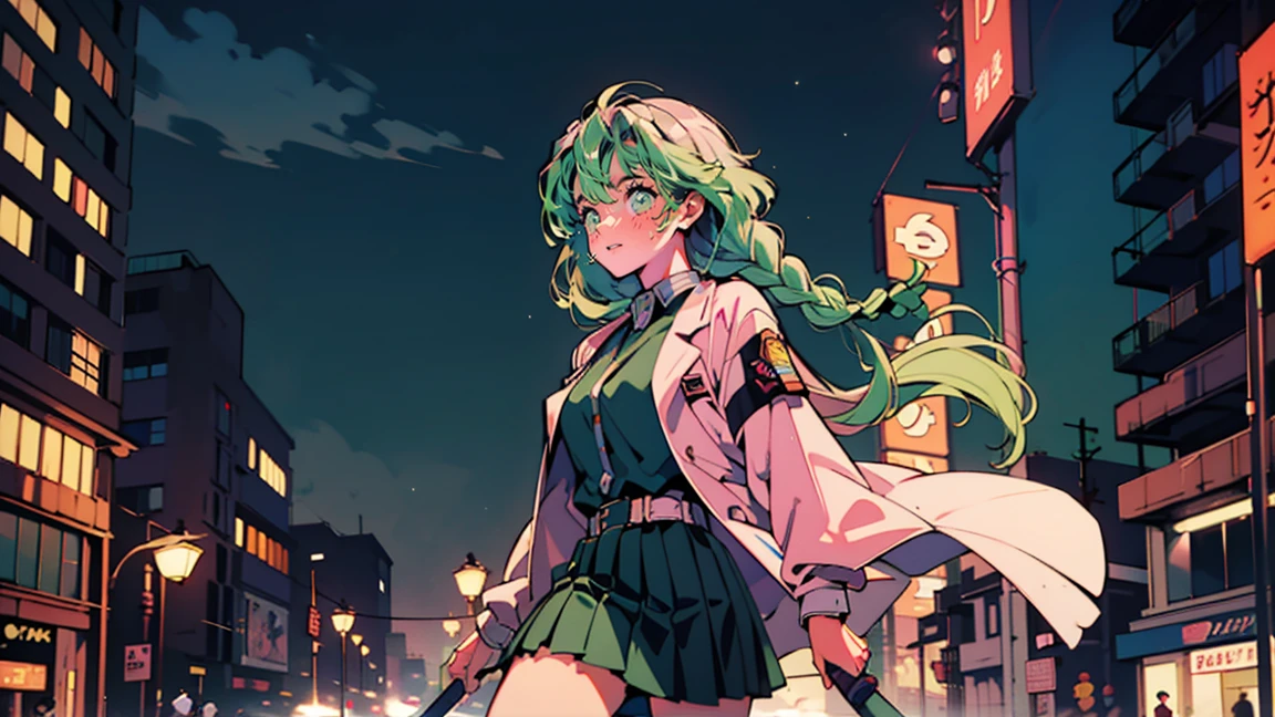 A black skirt with a silver belt and green striped hips, Bright pink hair (Green tip), Rose Hair (Dark Pink), Green bristles, Gradient Hair, Multi-coloured hair, Long Hair, Quif, Twin Blade, Braid、Green Eyes, Demon Slayer uniform, Long sleeve jacket, white haori, Black Skirt, Silver Belt,Highest quality, 8k, 1990s style, City,Night view, Retro, whole body, coffee、80&#39;S、comics、balcony、Night view、girl、Gazing at the sky、cocoa、cute、Tokyo、80&#39;Sアニメーション、neon、Balcony、cyber punk、Starry Sky、bench