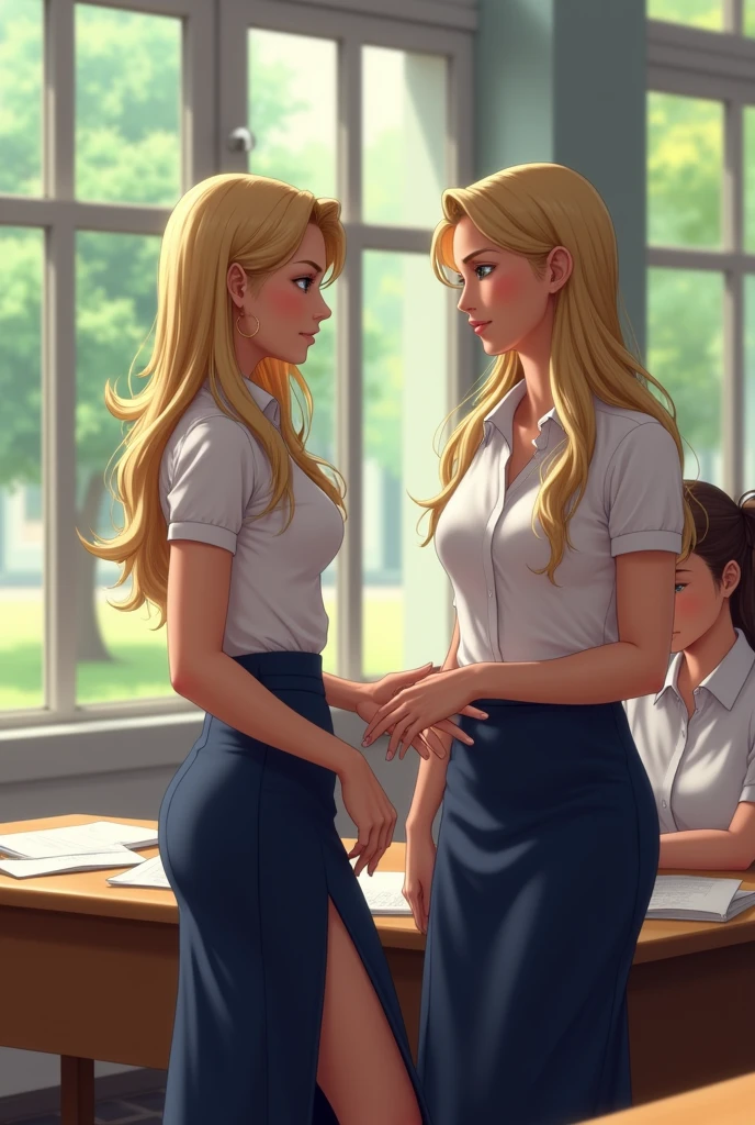 (masterpiece, best quality), 2girls, hug, blonde, school uniform, size difference,