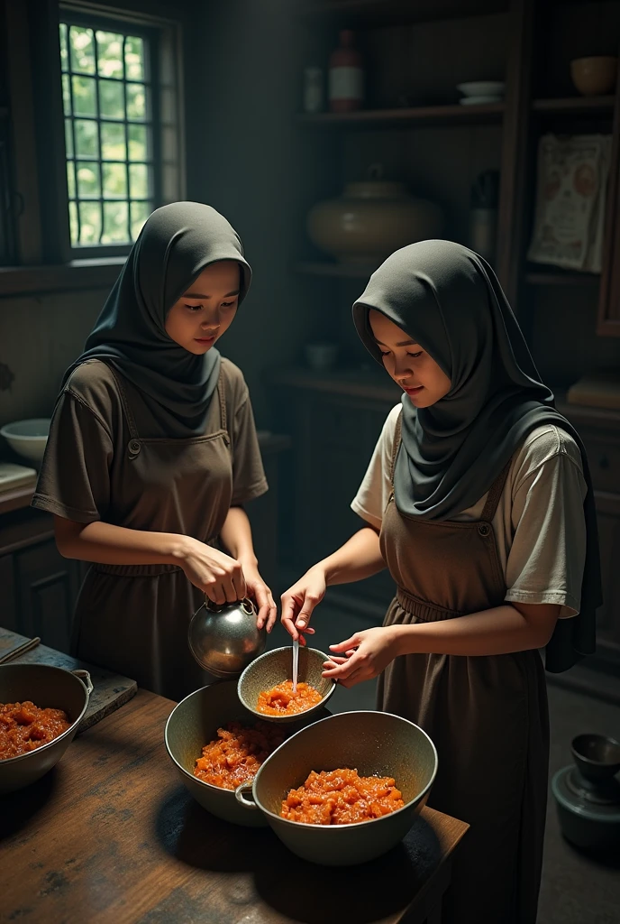 (photorealism:1.2), a top aerial view of two malay hijab beauty girl sitting,, wear a shabby blouse shirt and a batik sarong sitting on a floor in a traditional kitchen, a girl is pouring a milk into a wok and her friend is pick up a plate of meal, old urn, top aerial angle, in a morning sunshine, sitting on a floor