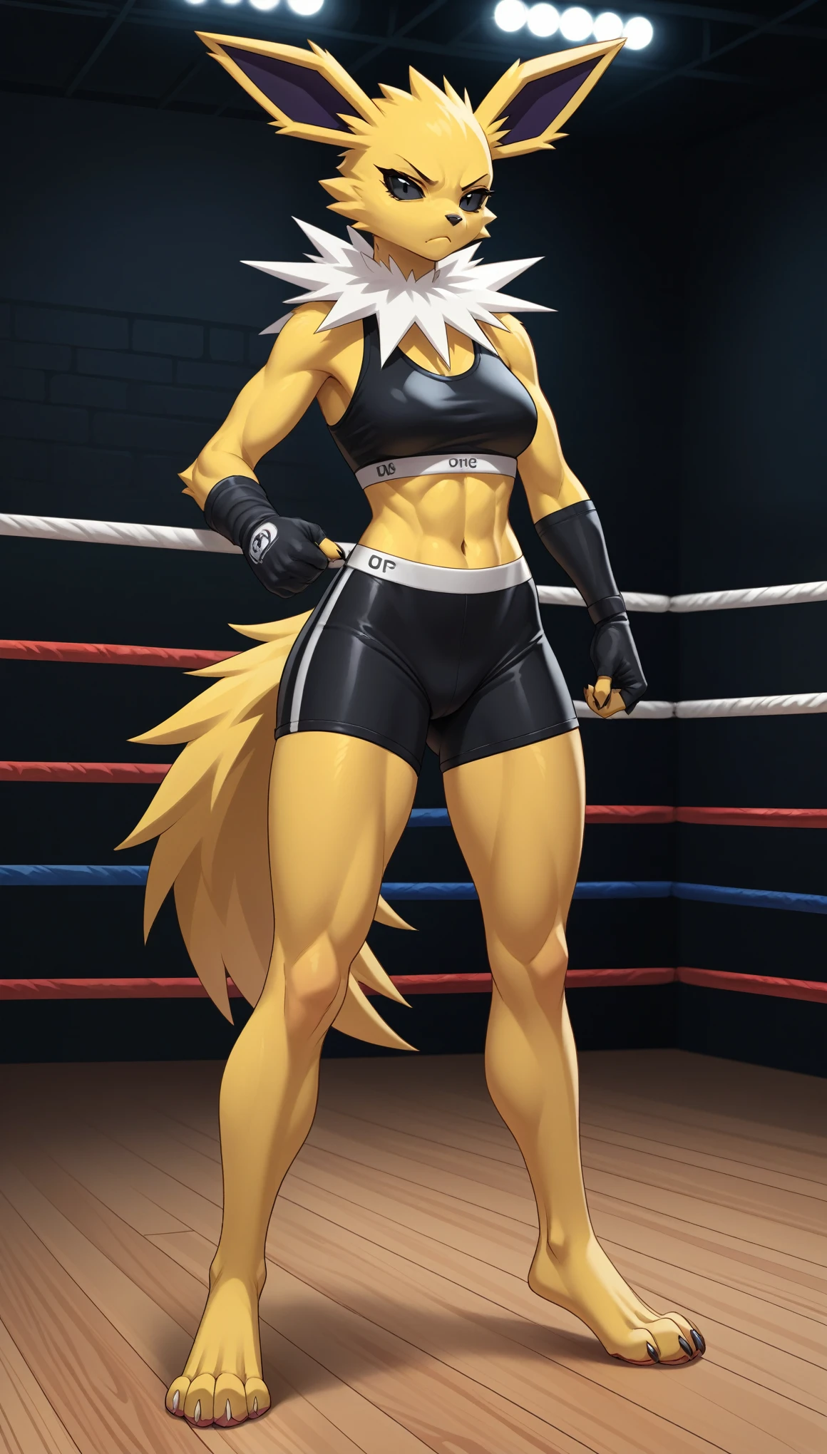 (zPDXL2), (PonyXLV6_Scores), source_anime, source_anthro,
Solo, an Anthro furry female Jolteon pokemon, black eyes, short hair, tall slender body, in a high neck sports bra, in tight shorts, wearing UFC gloves, serious face expression, tail, with exposed toes, feet paws, 4 toes, indoors, Standing in the UFC ring, UFC ring background