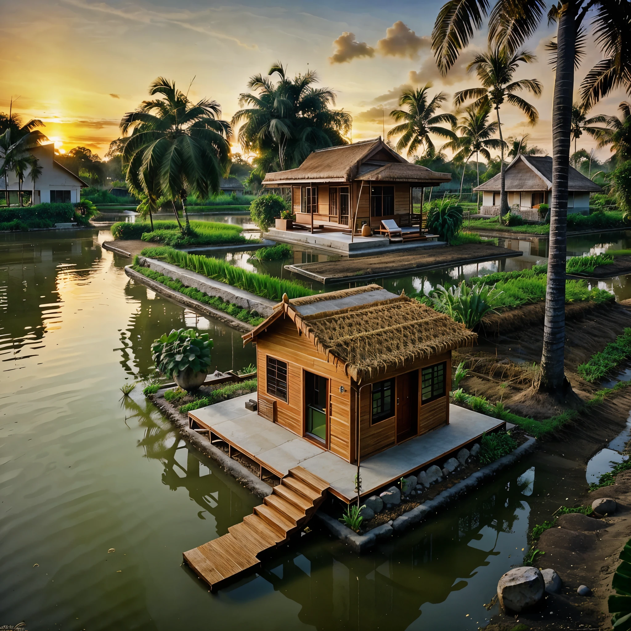 outdoortropicalhouse  little house  on riverside, garden, rice field, gold fish, coconut tree, dawn, chicken, tomato, tropical, dim light, 