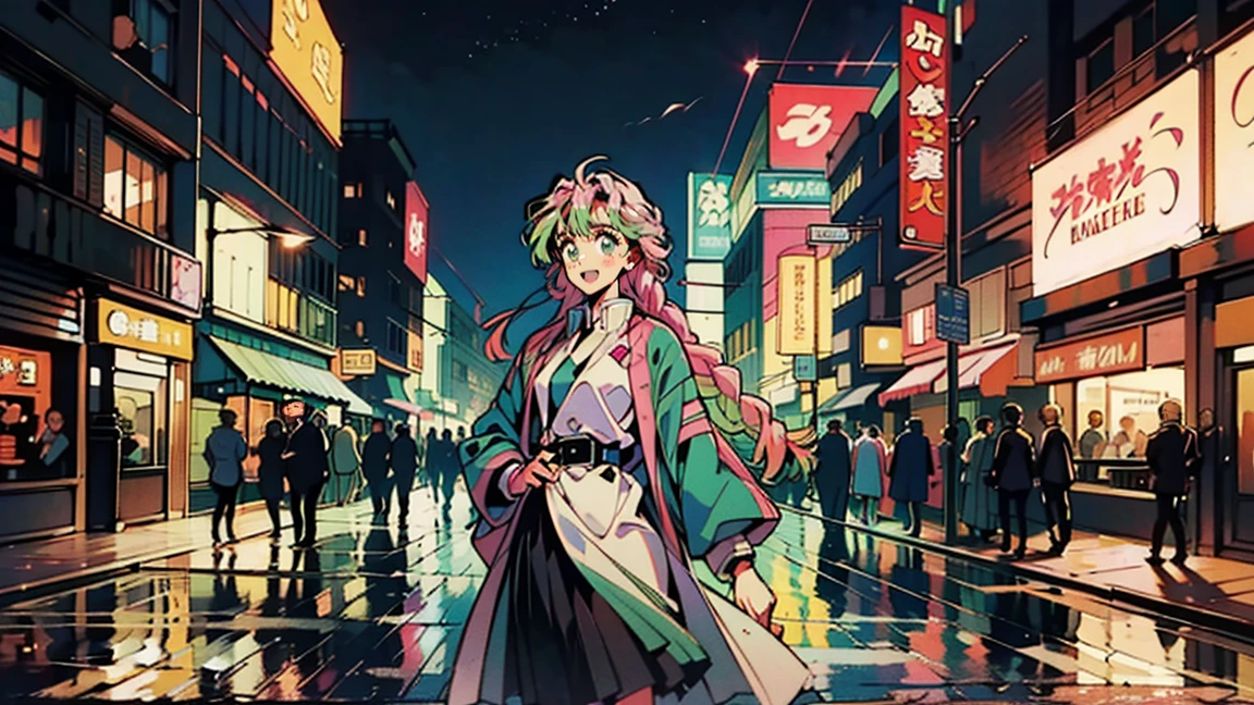 A black skirt with a silver belt and green striped hips, Bright pink hair (Green tip), Rose Hair (Dark Pink), Green bristles, Gradient Hair, Multi-coloured hair, Long Hair, Quif, Twin Blade, Braid、Green Eyes, Demon Slayer uniform, Long sleeve jacket, white haori, Black Skirt, Silver Belt,Highest quality, 8k, 1990s style, City,Night view, Retro, whole body, coffee、80&#39;S、comics、balcony、Night view、girl、Gazing at the sky、cocoa、cute、Tokyo、80&#39;Sアニメーション、neon、Balcony、cyber punk、Starry Sky、bench