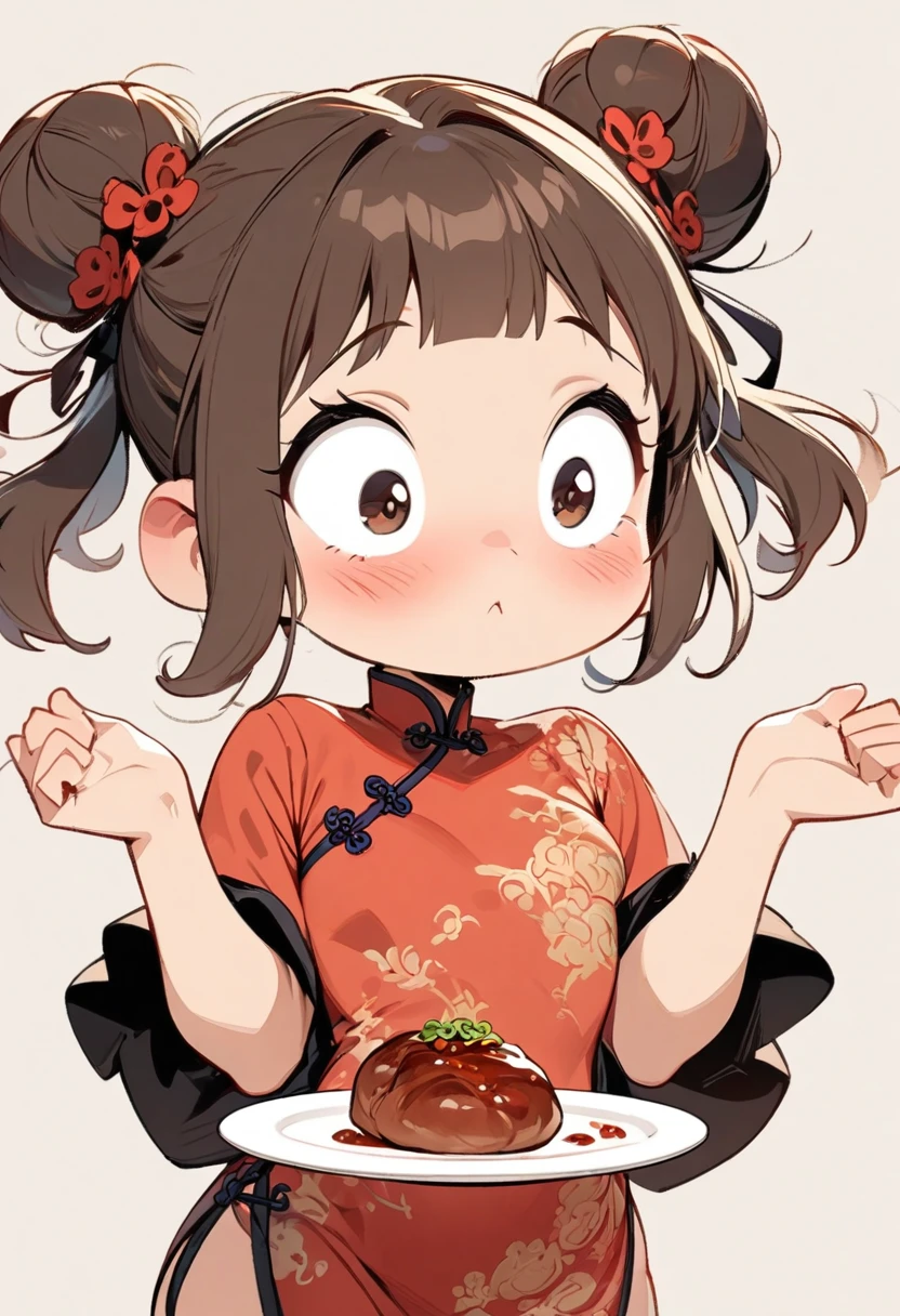 (masterpiece, Highest quality:1.2), Cartoon style character design, 1 girl, alone，Big eyes，Cute expression，Two buns hair，China dress，Plates in both hands, It has a meat bun on it., Chinese restaurant